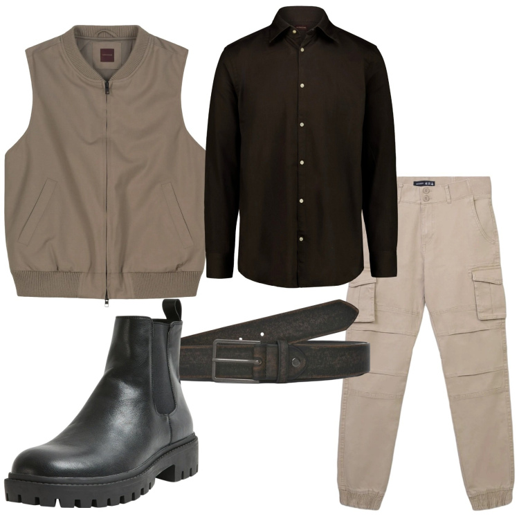 Outfit uomo - Total look #2317046. Stile Casual per Tutti i giorni. Abbinamento con cinture, pantaloni cargo, stivali e stivaletti, camicie, piumini.