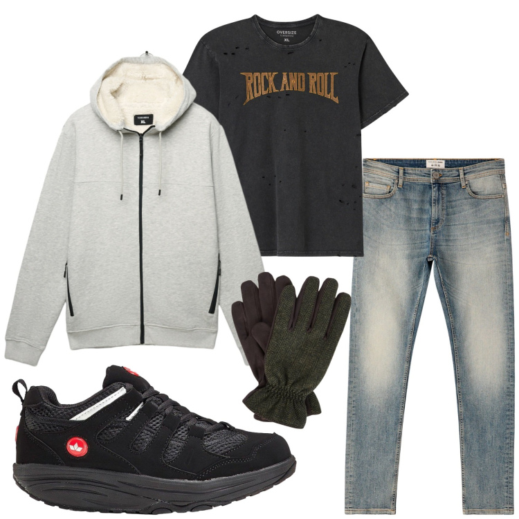 Outfit uomo - Total look #2317047. Stile Casual per Tutti i giorni. Abbinamento con sneakers, t-shirt, jeans skinny, felpe con cappuccio, guanti.
