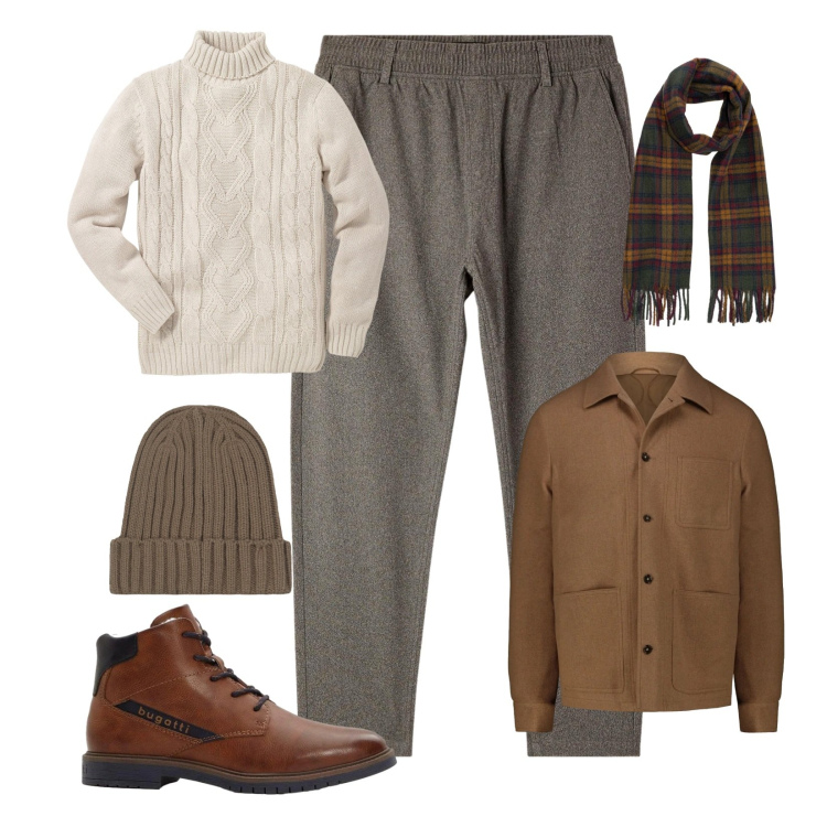 Outfit uomo - Un weekend a gennaio. Stile Casual per Tutti i giorni. Abbinamento con maglieria, anfibi, pantaloni, sciarpe, berretti, cappotti.