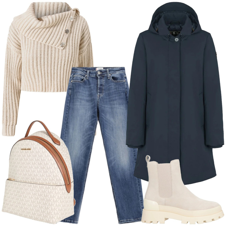 Outfit donna - Total look #2317064. Stile Casual per Tutti i giorni. Abbinamento con stivaletti chelsea, zaini, jeans, eskimo, maglieria.