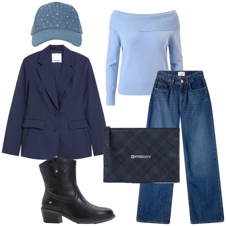 Outfit donna - Total look #2317067. Stile Casual chic per Tutti i giorni. Abbinamento con blazer, stivaletti texani, jeans, cappelli, clutch, pullovers.
