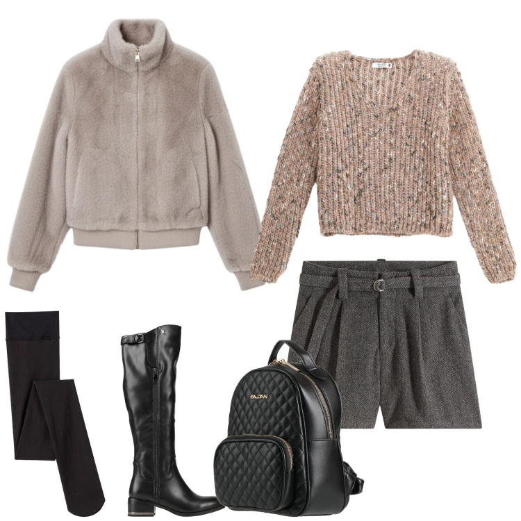 Outfit donna - Total look #2317075. Stile Trendy per Tutti i giorni. Abbinamento con shorts, collant, stivali, zaini, maglieria, bomber.