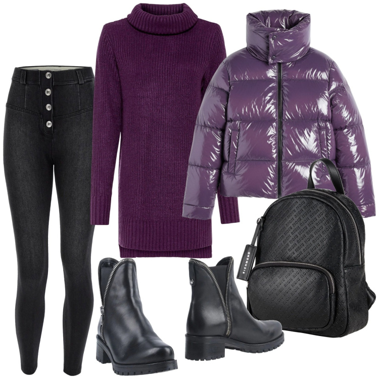 Outfit donna - Total look #2317079. Stile Basic per Scuola/Università. Abbinamento con maglieria, stivaletti, zaini, jeans skinny, piumini.