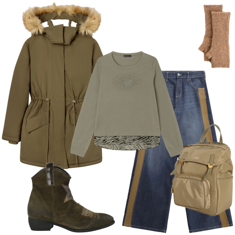 Outfit donna - Total look #2317083. Stile Casual chic per Tutti i giorni. Abbinamento con guanti, zaini, stivaletti texani, parka, jeans a zampa, felpe.