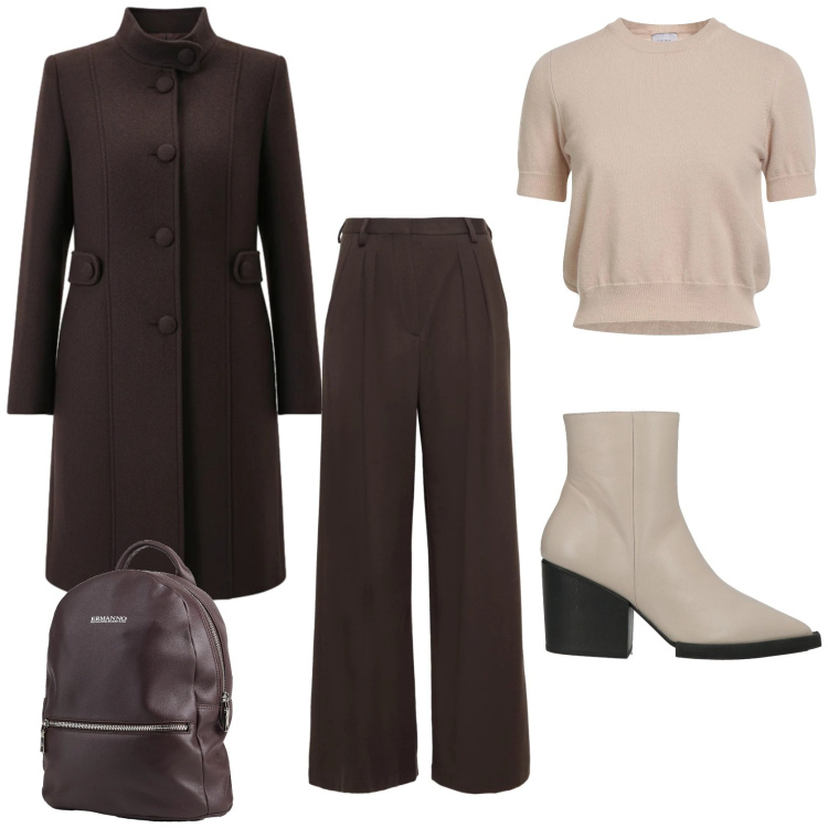 Outfit donna - In ufficio a gennaio. Stile Casual chic per Ufficio. Abbinamento con pantaloni, stivaletti, pullovers, zaini, cappotti.