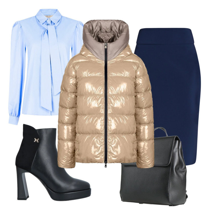 Outfit donna - Winter Glow. Stile Casual chic per Tutti i giorni. Abbinamento con stivaletti, zaini, piumini, camicie, gonne longuette.