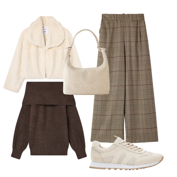 Outfit donna - A lavoro con stile. Stile Casual per Tutti i giorni. Abbinamento con sneakers, shopping bag, pantaloni, maglieria, ecopellicce.