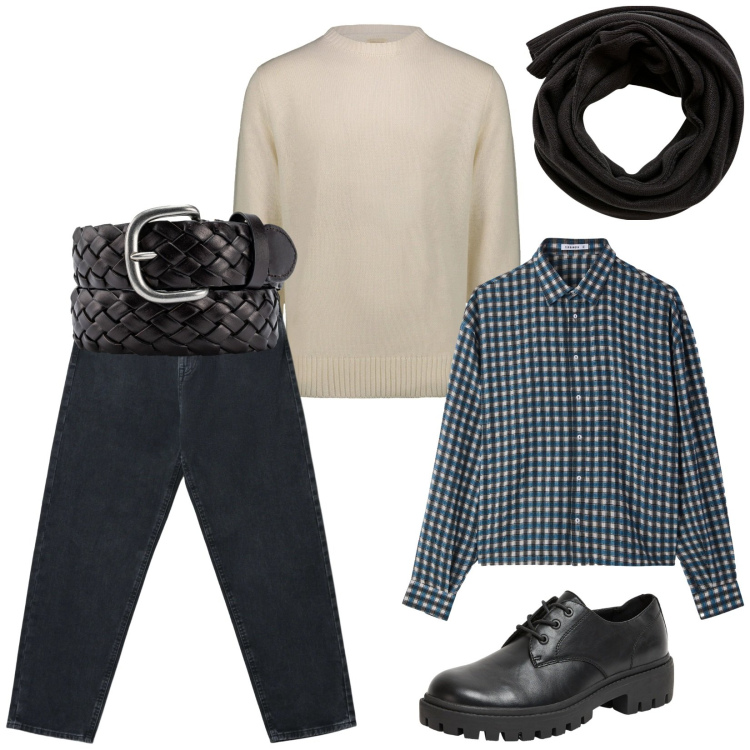 Outfit uomo - Total look #2317117. Stile Urban per Ufficio. Abbinamento con scarpe stringate, jeans, camicie, sciarpe, cinture, maglieria.