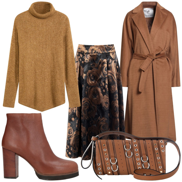 Outfit donna - Look per il lavoro. Stile Trendy per Ufficio. Abbinamento con maglieria, cappotti, stivaletti, borse a spalla, gonne longuette.