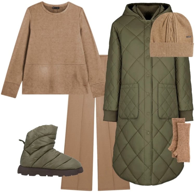 Outfit donna - Wrapped in style. Stile Urban per Tutti i giorni. Abbinamento con guanti, stivaletti, felpe, pantaloni, berretti, piumini.