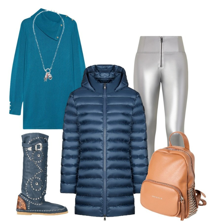 Outfit donna - Midnight Silver & Winter Glow. Stile Urban per Tutti i giorni. Abbinamento con stivali, zaini, ciondoli, pantaloni skinny, piumini, maglieria.