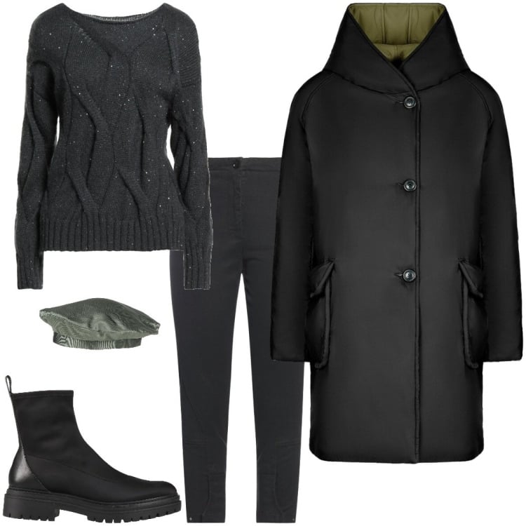 Outfit donna - Wrapped in style. Stile Casual chic per Tutti i giorni. Abbinamento con pullovers, stivaletti, cappelli e berretti, jeans slim fit, cappotti.