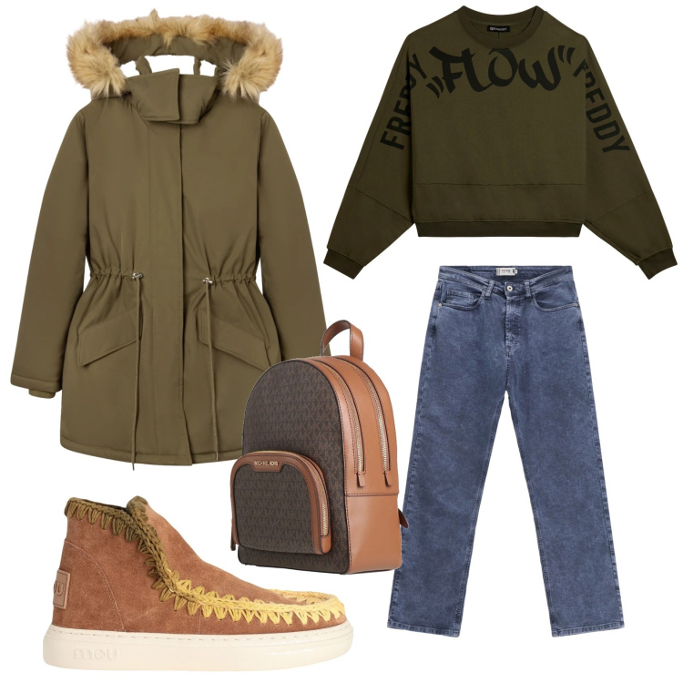 Outfit donna - Total look #2317150. Stile Urban per Tutti i giorni. Abbinamento con stivaletti, zaini, parka, jeans dritti, felpe.
