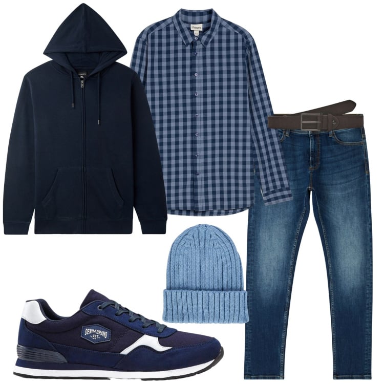 Outfit uomo - Total look #2317155. Stile Casual Abbinamento con sneakers, camicie, jeans skinny, felpe con cappuccio, cinture, berretti.