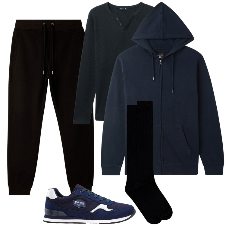 Outfit uomo - Felpa blu con cappuccio. Stile Trendy per Tutti i giorni. Abbinamento con sneakers, felpe con cappuccio, pantaloni, t-shirt, calzini.