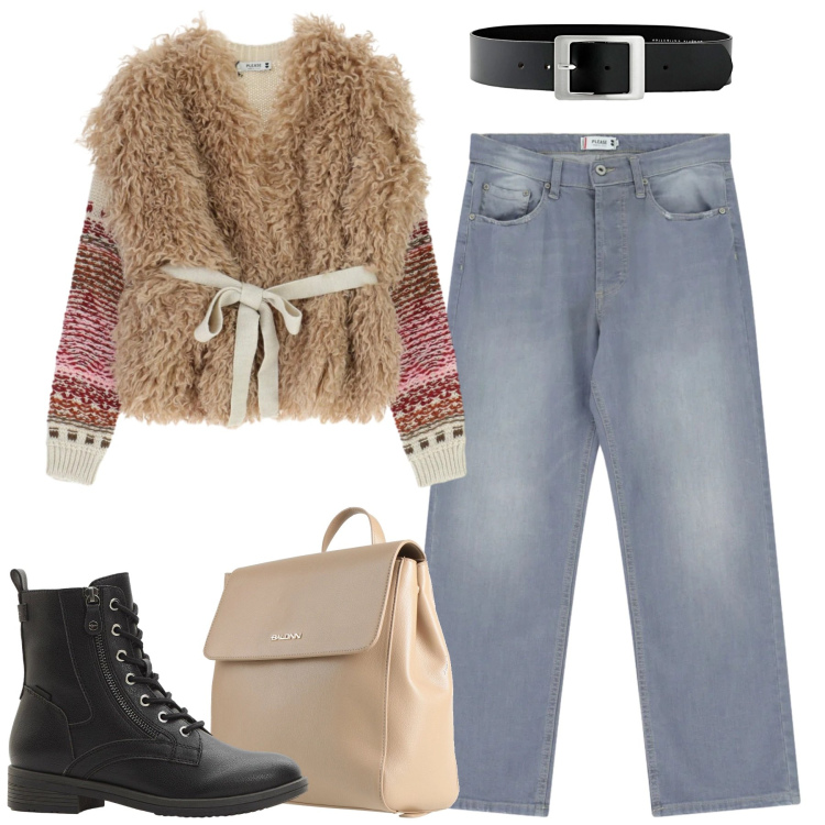 Outfit donna - Total look #2317164. Stile Casual per Tutti i giorni. Abbinamento con stivaletti, cinture, zaini, maglieria, jeans dritti.