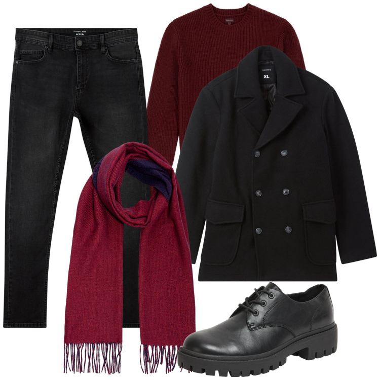 Outfit uomo - Rosso intenso. Stile Trendy per Tutti i giorni. Abbinamento con jeans skinny, scarpe stringate, caban, maglieria, sciarpe.