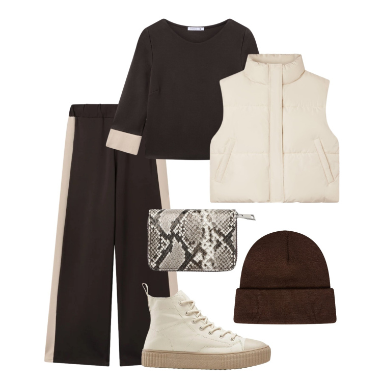 Outfit donna - Gennaio relaxed look. Stile Urban per Tutti i giorni. Abbinamento con sneakers alte, portafogli, piumini, berretti, t-shirt, pantaloni.