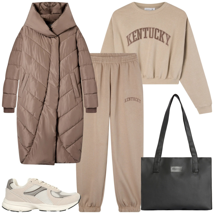 Outfit donna - City. Stile Casual per Tutti i giorni. Abbinamento con cappotti, sneakers, felpe, pantaloni sportivi, shopping bag.