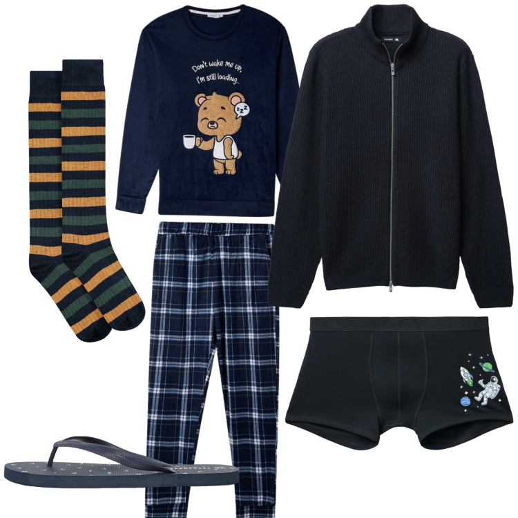 Outfit uomo - I\' m still loading. Stile Trendy per Tutti i giorni. Abbinamento con sandali, boxer, cardigans, abbigliamento da notte, calzini.