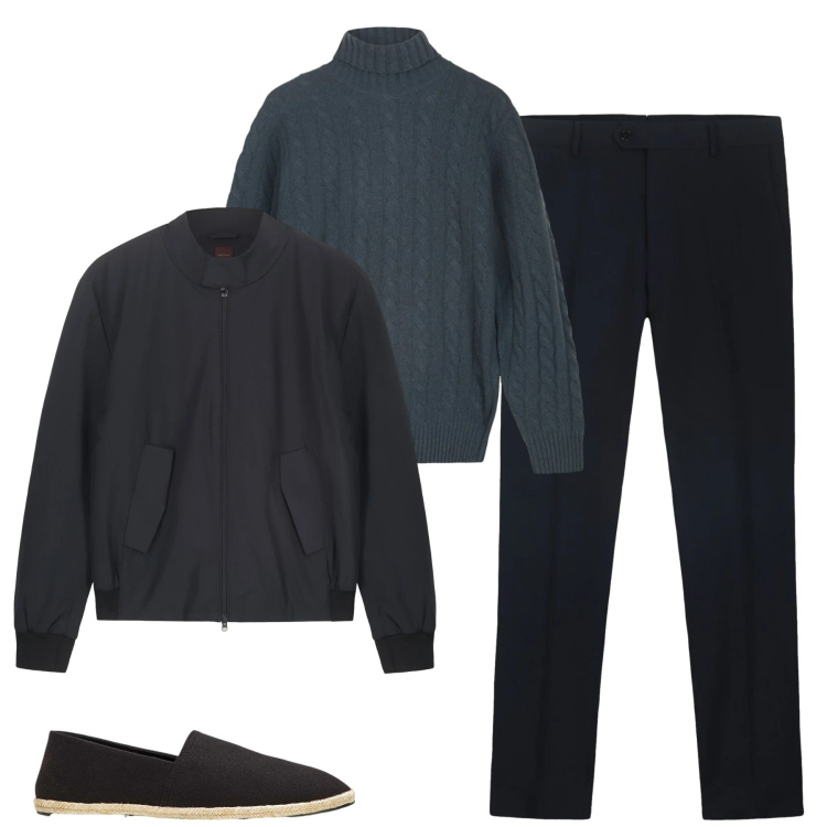 Outfit uomo - Gennaio. Stile Urban per Tutti i giorni. Abbinamento con espadrillas, pantaloni, bomber, maglieria.
