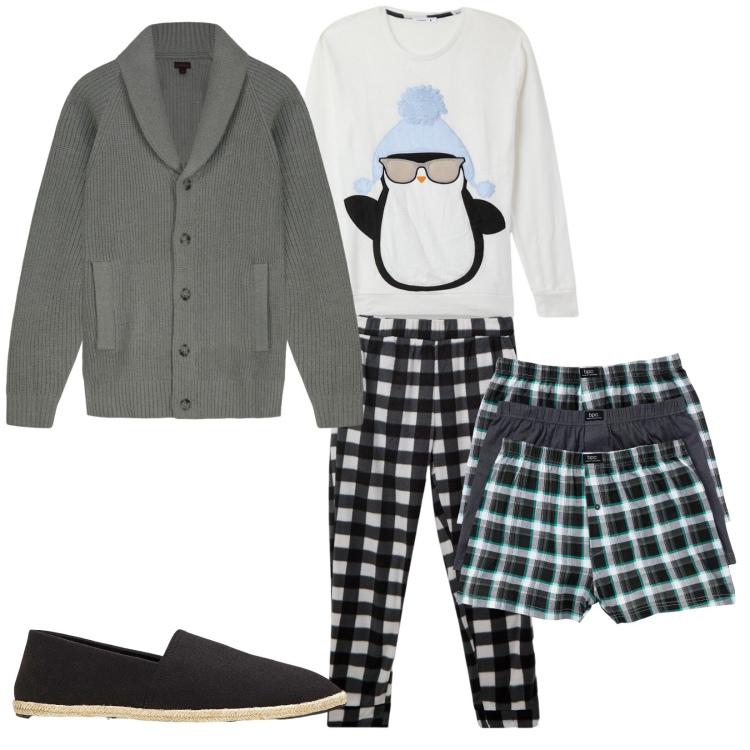 Outfit uomo - Cardigan grigio. Stile Trendy per Tutti i giorni. Abbinamento con espadrillas, boxer, abbigliamento da notte, cardigans.