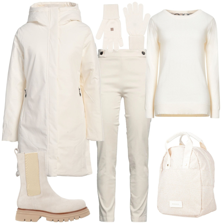 Outfit donna - Trendy in bianco ufficio tempo libero. Stile Trendy per Tutti i giorni. Abbinamento con parka, pantaloni, pullovers, zaini, stivaletti, guanti.