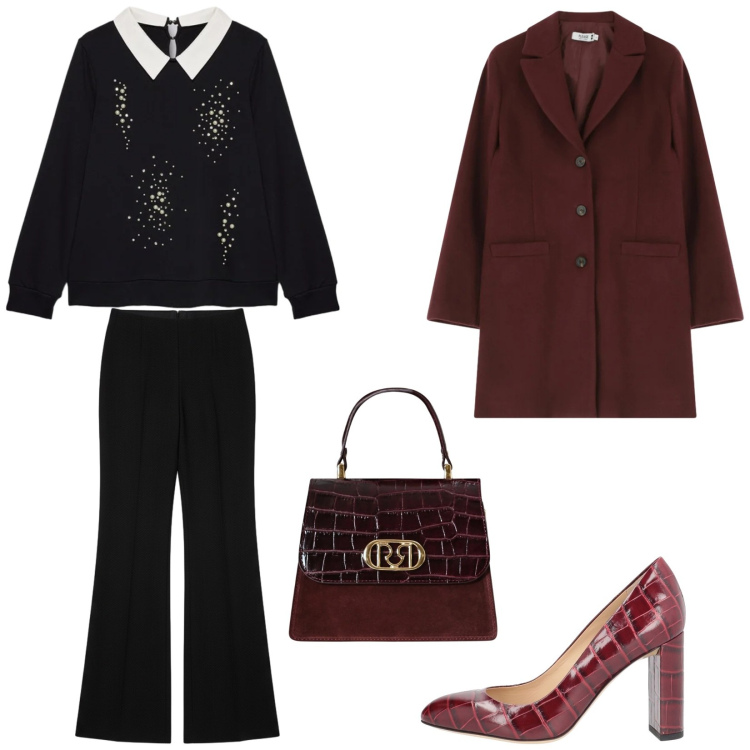 Outfit donna - Total look #2317196. Stile Bon Ton per Ufficio. Abbinamento con décolleté, cappotti, borse a mano, pantaloni a palazzo, felpe.