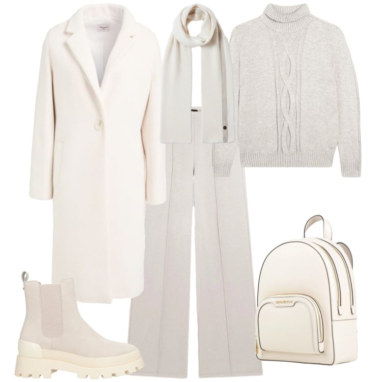 Outfit donna - Trendy ufficio tempo libero. Stile Trendy per Ufficio. Abbinamento con stivaletti chelsea, cappotti, zaini, sciarpe, pantaloni, maglieria.