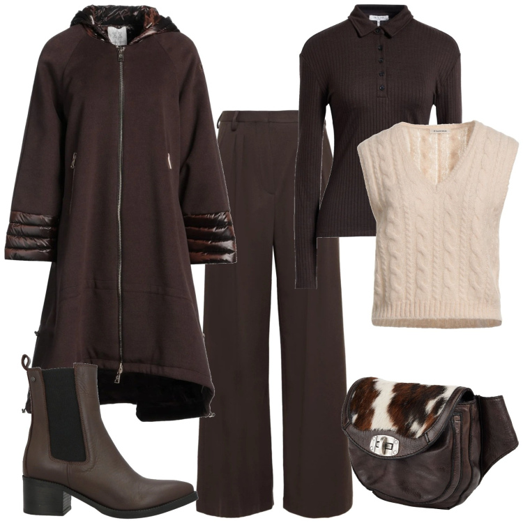 Outfit donna - Trendy in ufficio cioccolato e crema. Stile Trendy per Ufficio. Abbinamento con cappotti, pantaloni, marsupi, pullovers, stivaletti chelsea, pullovers.