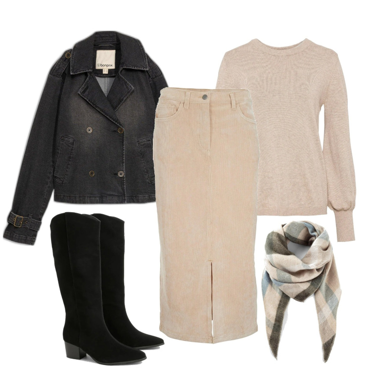 Outfit femme - Jupe beige. Style Boho pour Tous les jours. Assortir avec pulls, jupes au genou, foulards, imperméable, bottines.