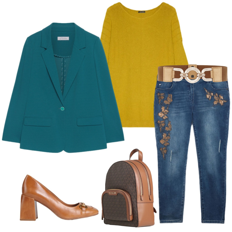 Outfit donna - Total look #2317212. Stile Chic per Tutti i giorni. Abbinamento con décolleté, zaini, cinture, jeans skinny, maglieria, blazer.