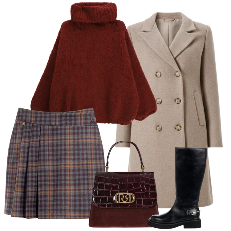 Outfit donna - Gennaio in saldi. Stile Preppy per Tutti i giorni. Abbinamento con maglieria, borse a mano, stivali sopra il ginocchio, minigonne, cappotti.