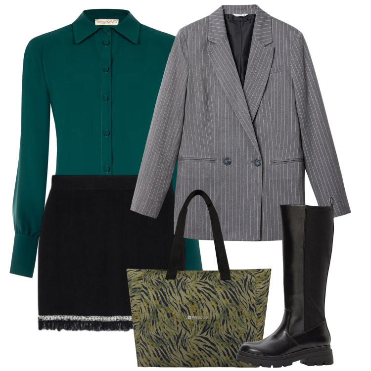 Outfit donna - Gennaio. Stile Bon Ton per Ufficio. Abbinamento con stivali, blazer, shopping bag, camicie, minigonne.