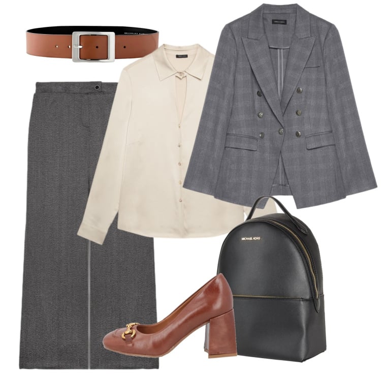 Outfit donna - Riunione in programma. Stile Bon Ton per Ufficio. Abbinamento con cinture, décolleté, zaini, pantaloni, camicie, blazer.