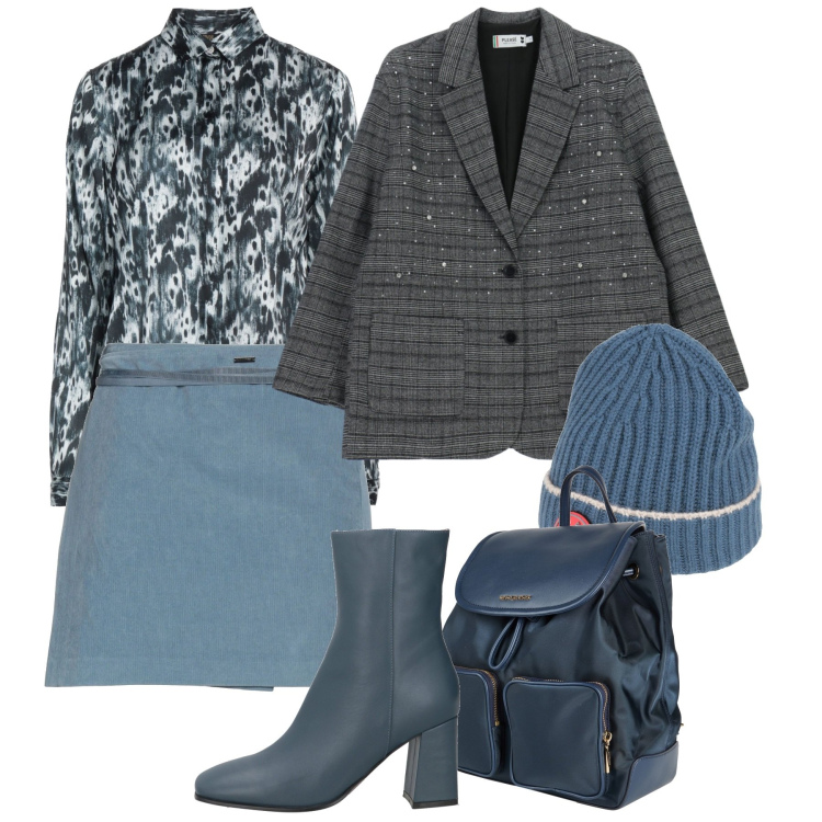 Outfit donna - Gennaio. Stile Bon Ton per Ufficio. Abbinamento con minigonne, camicie, zaini, cappelli, stivaletti, blazer.