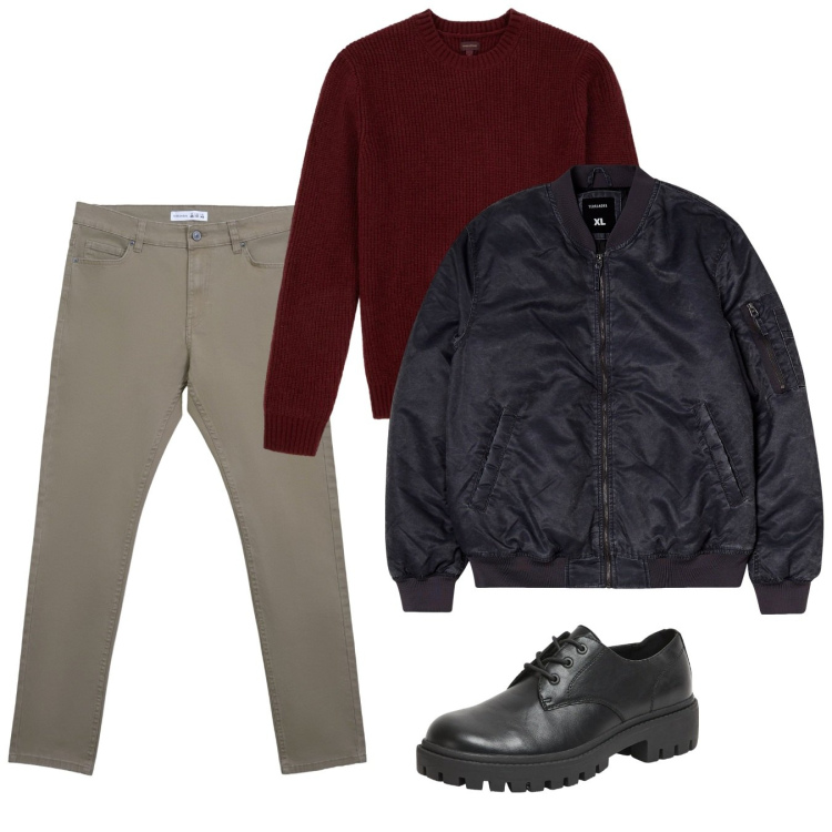 Outfit uomo - Gennaio. Stile Casual per Tutti i giorni. Abbinamento con scarpe stringate, bomber, pantaloni skinny, maglieria.