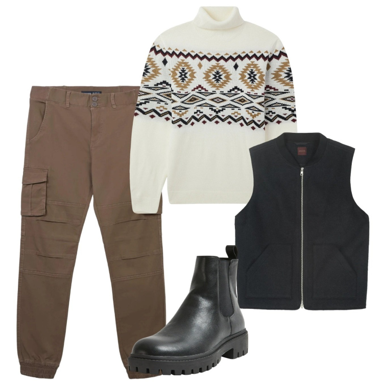 Outfit uomo - Gennaio weekend. Stile Urban per Tutti i giorni. Abbinamento con maglieria, pantaloni cargo, stivali e stivaletti, piumini.