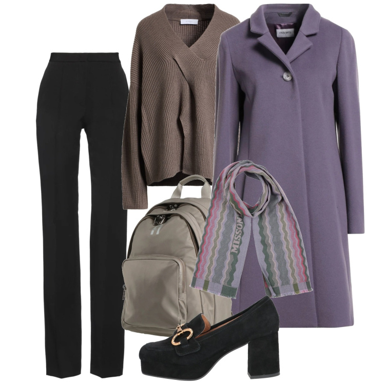 Outfit donna - Rientro alla routine con stile. Stile Bon Ton per Ufficio. Abbinamento con pullovers, mocassini, zaini, sciarpe, pantaloni, cappotti.