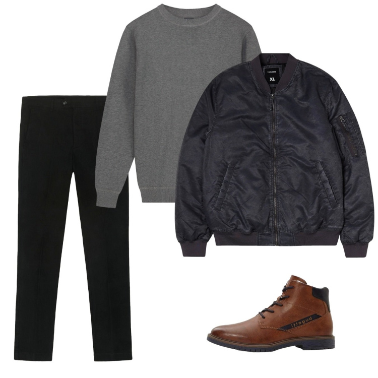 Outfit uomo - Gennaio. Stile Casual per Tutti i giorni. Abbinamento con anfibi, bomber, maglieria, pantaloni chino.
