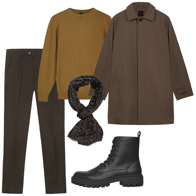 Outfit uomo - Minimal freddo. Stile Casual per Tutti i giorni. Abbinamento con anfibi, pantaloni chino, sciarpe, maglieria, trench.