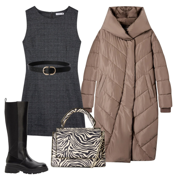 Outfit donna - Il tubino invernale. Stile Bon Ton per Ufficio. Abbinamento con stivali, cinture, cappotti, vestiti senza maniche, borse a tracolla.