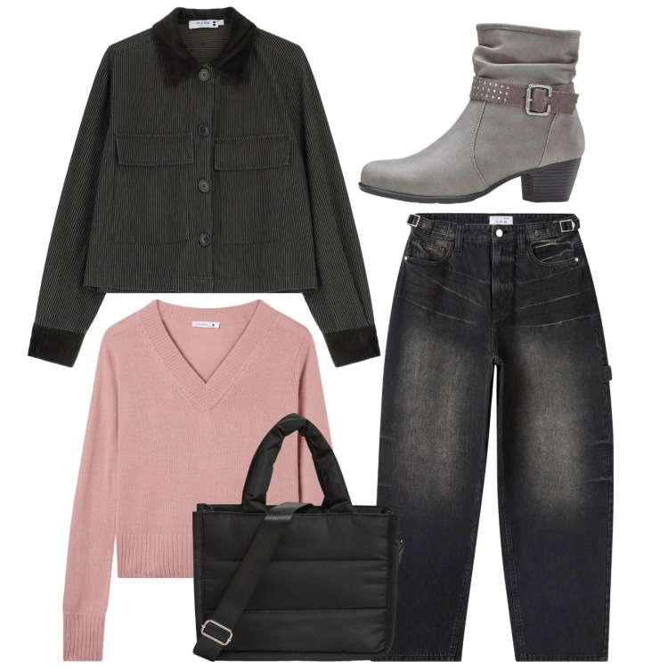 Outfit donna - Total look. Stile Casual per Tutti i giorni. Abbinamento con stivaletti, shopping bag, maglieria, jeans, blazer.