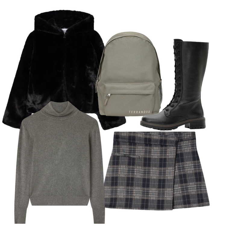 Outfit donna - Total look. Stile Preppy per Tutti i giorni. Abbinamento con stivali, minigonne, maglieria, zaini, ecopellicce.