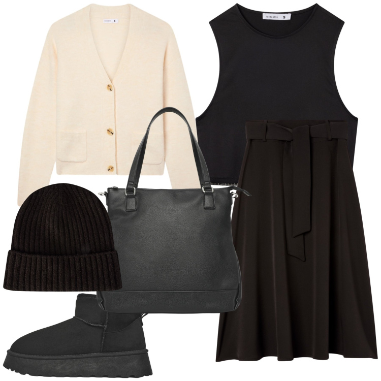 Outfit donna - Terranova bon ton. Stile Urban per Ufficio. Abbinamento con gonne lunghe, cardigans, top, stivaletti, berretti, shopping bag.