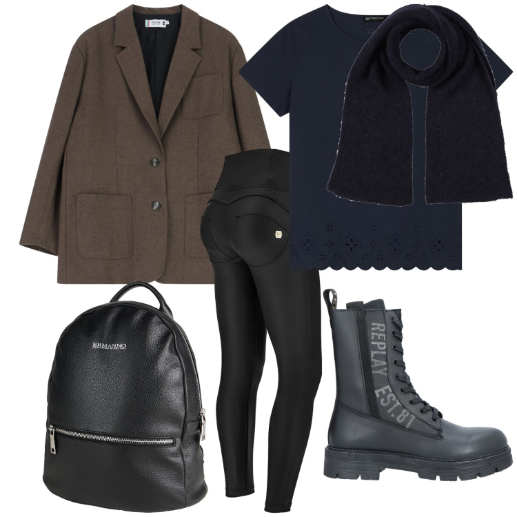 Outfit donna - Blazer e leggings. Stile Trendy per Ufficio. Abbinamento con anfibi, sciarpe, zaini, blazer, pantaloni skinny, t-shirt.