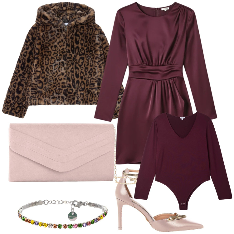 Outfit donna - Invitata bella calda. Stile Chic per Cerimonia. Abbinamento con pochette, ecopellicce, body, braccialetti, vestiti corti, décolleté.