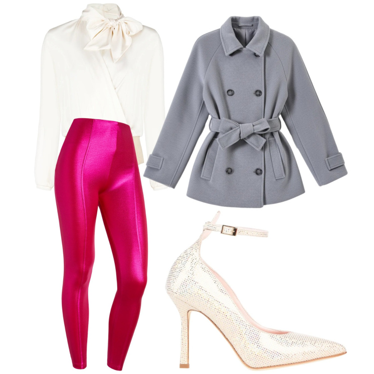 Outfit donna - Fucsia d’Inverno Chic. Stile Chic per Tutti i giorni. Abbinamento con cinture, décolleté, pantaloni skinny, ciondoli, bluse, caban.