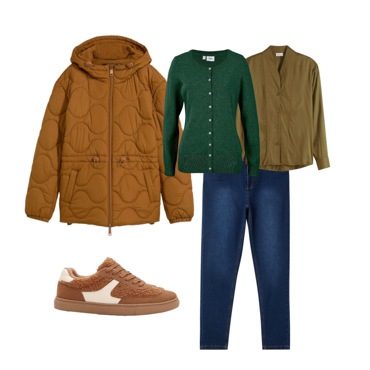 Outfit donna - Casual autunno. Abbinamento con camicie, cardigans, sneakers, giacche, jeans skinny.