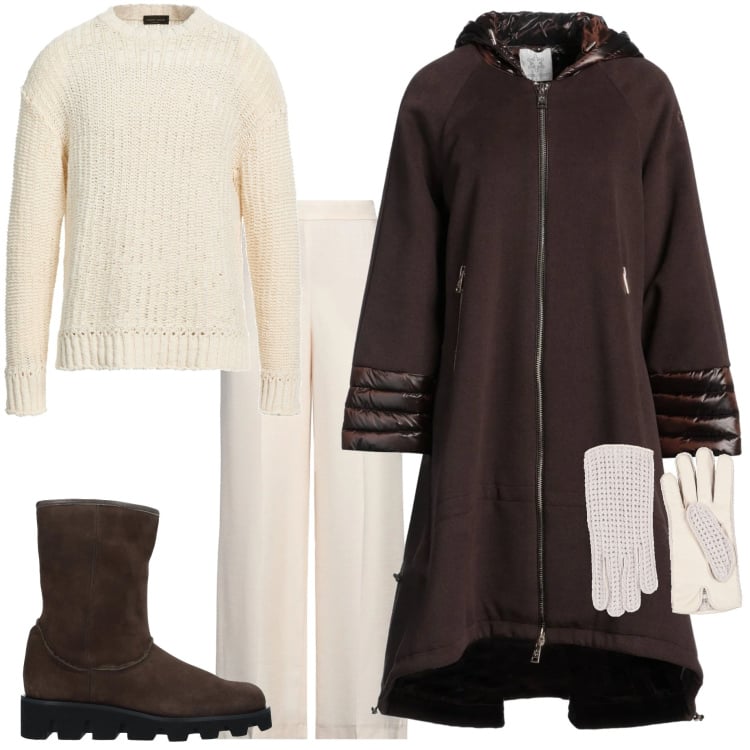 Outfit donna - Rientro con stile. Stile Casual chic per Tutti i giorni. Abbinamento con cappotti, pantaloni, stivaletti, pullovers, guanti.